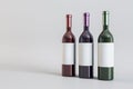 Clean white label wine bottles on light background. Alcohol, winery, beverage and elegance concept. Mock up
