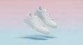 Clean white leather low-top sneakers suspended in a soft pink and blue gradient studio environment Royalty Free Stock Photo