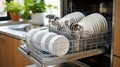 Clean white plates and cutlery in open dishwasher machine in the kitchen interior. Royalty Free Stock Photo