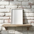 Blank White Frame on Rustic Wooden Shelf Against Textured Brick Wall Royalty Free Stock Photo