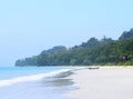 Clean White Sandy Beach, Blue Sea Water, Clear Sky, Colorful Flags, Boat and Clear Sky - Radhanagar Beach, Havelock Island, India