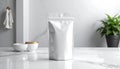 Clean White Stand-Up Pouch Mockup on Marble Surface Royalty Free Stock Photo
