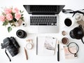 Desk flatlay with laptop coffee office supplies Royalty Free Stock Photo