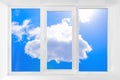 Clean window with an empty sill and blue sky