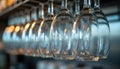 Clean wine glasses hang upside down on rack in restaurant bar. Empty stemware ready for service. Shiny glassware in pro kitchen Royalty Free Stock Photo