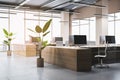 Clean wooden and concrete coworking office interior with decorative plants, furniture and panoramic windows with city view. 3D