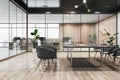 Clean wooden, concrete and glass meeting room interior with furniture and partitions. Workplace concept.