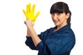 Clean worker female putting latex glove
