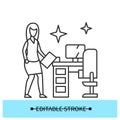 Clean workplace icon. Woman employee with clean office desk line vector illustration