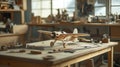A clean workshop table with tools and a half-finished model airplane Royalty Free Stock Photo