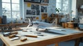 A clean workshop table with tools and a half-finished model airplane Royalty Free Stock Photo