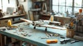 A clean workshop table with tools and a half-finished model airplane Royalty Free Stock Photo