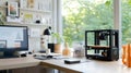 A clean workspace featuring a 3D printer in action, creating a sleek design. digital