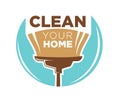 Clean your home logotype design with broom isolated on blue