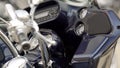 Cleaned up motorcycle handles and dark blue dashboard, motorbike controls Royalty Free Stock Photo