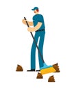 Cleaner with broom cleans shit isolated. janitor Vector illustration