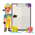 Cleaner character design. cleaning service with cleaning equipment presenting