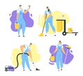 Cleaner Characters with Mop, Vacuum Cleaner and Tools. Cleaning Service with Staff with Equipment. Housewife Washing