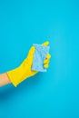 Cleaner concept, Hand in rubber gloves and holding light blue sponge for cleaning in home Royalty Free Stock Photo