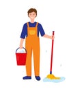 Cleaner man character with bucket and mop. Royalty Free Stock Photo