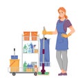 Cleaner staff with trolley full of detergents
