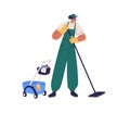 Cleaner washing floor with mop, bucket. Professional worker from cleaning service. Cleanup, wet janitorial, housework Royalty Free Stock Photo