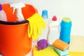 Cleaners on an isolated white background, housekeeping , supplies, concept of cleanliness Royalty Free Stock Photo