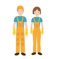 Cleaners in uniform woman and man icon, flat style. Workers isolated on white background. Vector illustration.