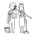 Cleaners workers with cleaning equipment in black and white