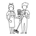 Cleaners workers with cleaning equipment in black and white