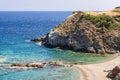 The cleanest and absolutely deserted secluded small beach in Sithonia Cape with fine sands, Aegean Sea, Toroni, Chalkidiki, Greece Royalty Free Stock Photo