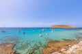 The cleanest turquoise sea off the coast Cala Escondida. Ibiza, Balearic Islands. Spain