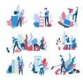 Cleaning abstract icons men and women electric appliances