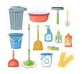 Set different cleaning accessories. Hygienic supplies tools for cleansing service