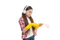 cleaning accessory. Cleaning worries away. Cleaning supplies. small girl earphones in yellow gloves. happy cleaning Royalty Free Stock Photo