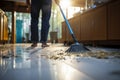 Cleaning in action A person meticulously mops the floor surface