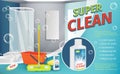Cleaning agent. Advertizing placard power cleaning spray for surface shower room sanitation dust equipment vector