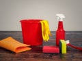 Cleaning in the apartment. A spray bottle, bucket, sponge, brush, rag and gloves