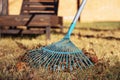 Cleaning of autumn leaves in park. Pile of fall leaves with fan rake on lawn