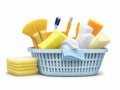 Cleaning basket with eco-friendly brushes, sponges, and rags. On a white background, a cleaner notion.