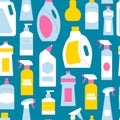 Cleaning bottle supplies seamless pattern. Flat chemical detergent packages illustration background. Royalty Free Stock Photo