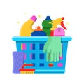 Cleaning bottles basket. Detergent laundry service chemical items freshener tools vector flat picture