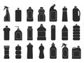 Cleaning bottles silhouettes. Laundry detergent chemical sanitary freshener tools for housework vector illustrations
