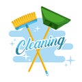 Cleaning broom and dustpan color stroke background