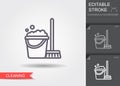 Cleaning bucket with mop. Line icon with editable stroke with shadow