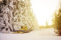 Cleaning bulldozer machine preparing ski slope for skiing Royalty Free Stock Photo