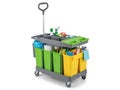 Cleaning cart with supplies, isolated on white background Royalty Free Stock Photo