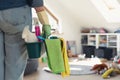 Cleaning a childs room with tools in a box, spring cleaning concept