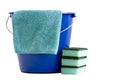 Cleaning cloth a blue bucket and 3 scrubbers