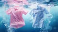 Cleaning clothes washing machine or detergent liquid commercial advertisement style with floating shirt and dress underwater with Royalty Free Stock Photo
